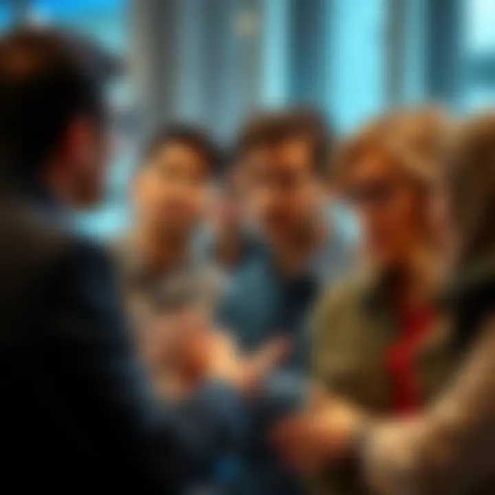 A group of people discussing with puzzled expressions, showing confusion in communication.