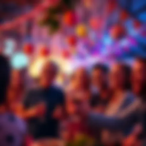 A group of friends enjoying a festive gathering with laughter and joy, surrounded by colorful decorations.