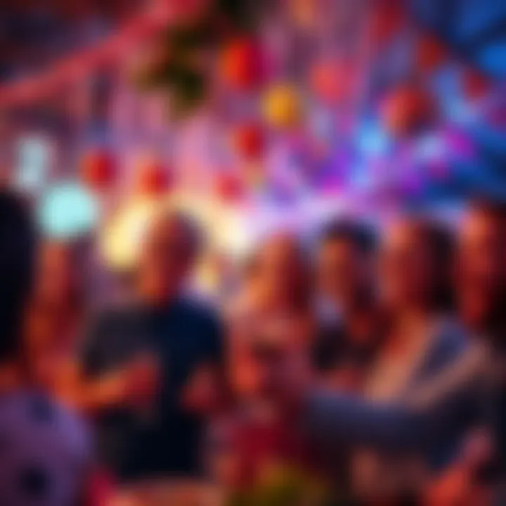 A group of friends enjoying a festive gathering with laughter and joy, surrounded by colorful decorations.