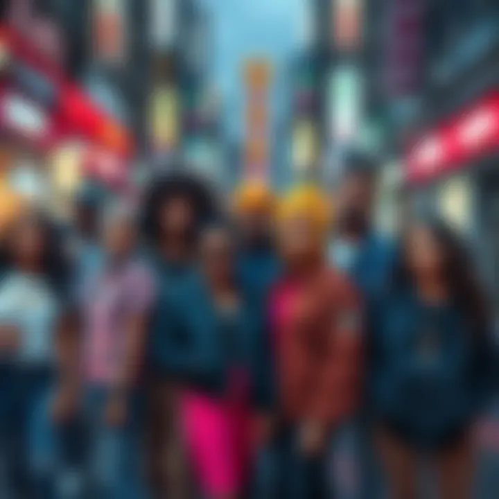 A group of diverse individuals showcasing various aspects of their identity in a vibrant urban setting.