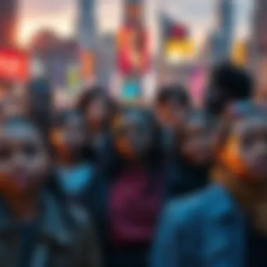A group of diverse characters in a vibrant city resembling places in the US, questioning their identity as residents of the Horizon universe.