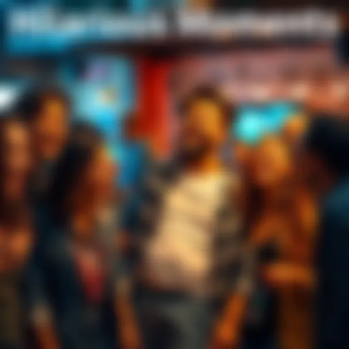 A group of friends laughing hard together, some holding their bellies, in a lively setting