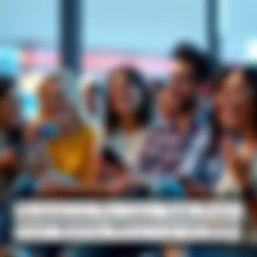 Group of people sharing funny captions on social media, laughing together
