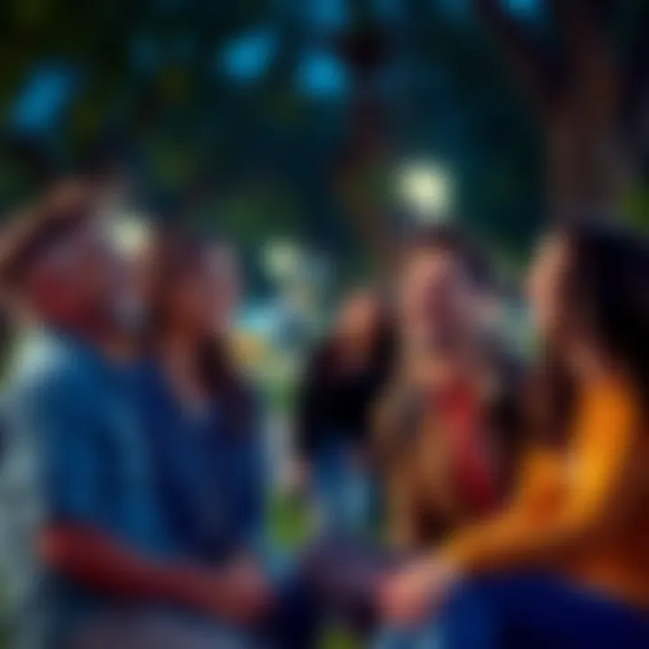 A group of friends laughing together at a humorous scene in a park