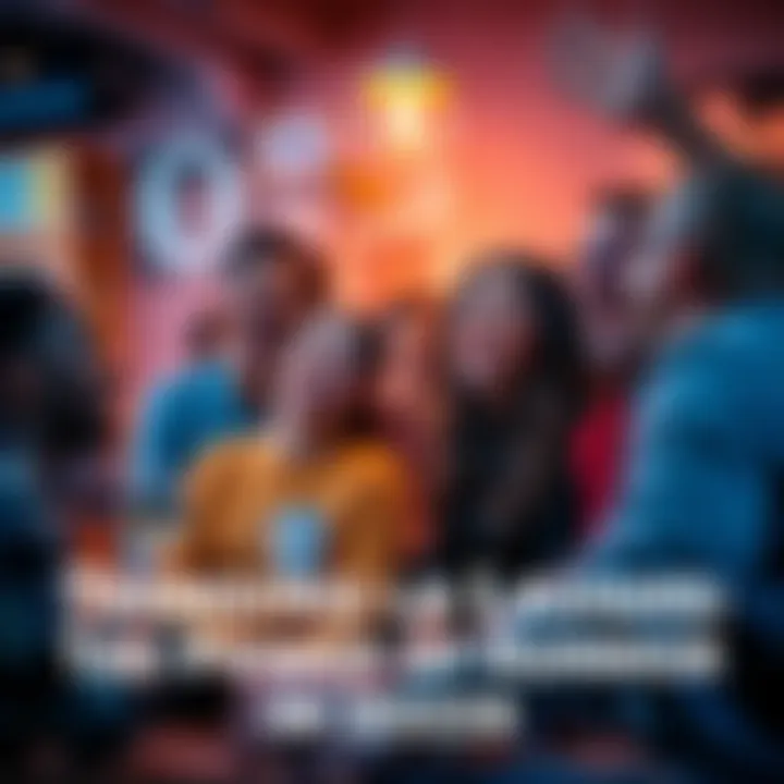 A group of people laughing and sharing jokes in a lively setting, surrounded by memes and comedic visuals.