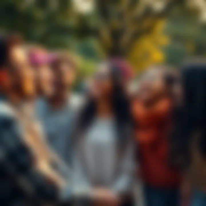 A group of diverse people laughing and enjoying each other's company in a park setting.