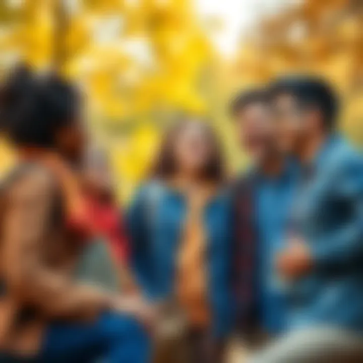A diverse group of friends sharing a laugh in a park, showcasing joy and connection through humor.