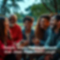 People laughing together A group of friends laughing joyfully while sharing funny stories at a park