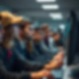 A group of people staring at a computer screen with expressions of confusion and concern.