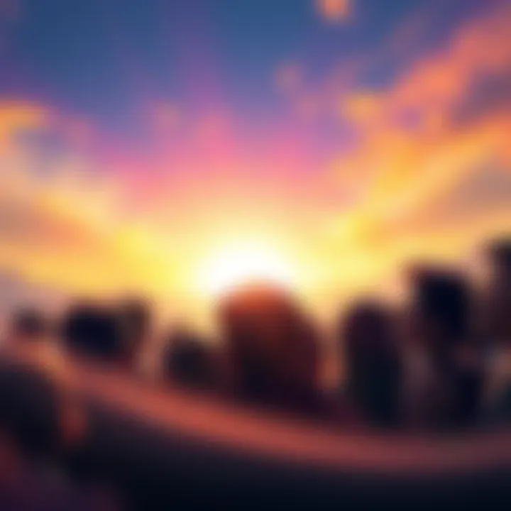 People looking towards a bright future A diverse group of people gazing at a vibrant sunrise, symbolizing hope for the future