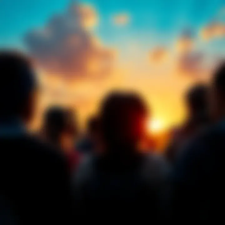 A diverse group of individuals gazing at a sunrise, symbolizing hope and change as society transitions.