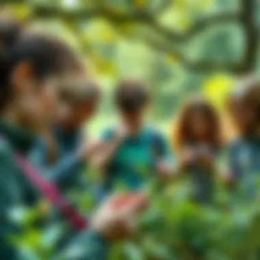 A group of people examining small plants and insects in a park, highlighting the beauty in everyday nature.