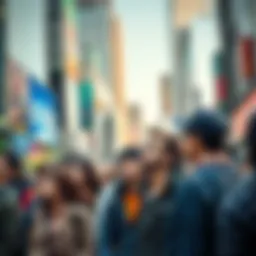 A diverse group of people looking around thoughtfully in a busy urban area.