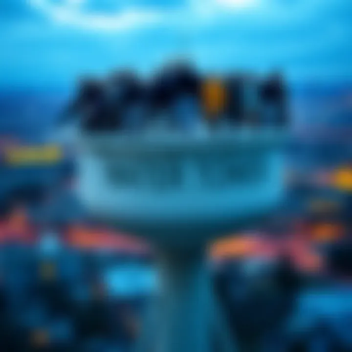 A group of people standing on top of a water tower with a cityscape in the background