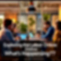 A group of people sitting around a table with laptops and phones, discussing trending topics online