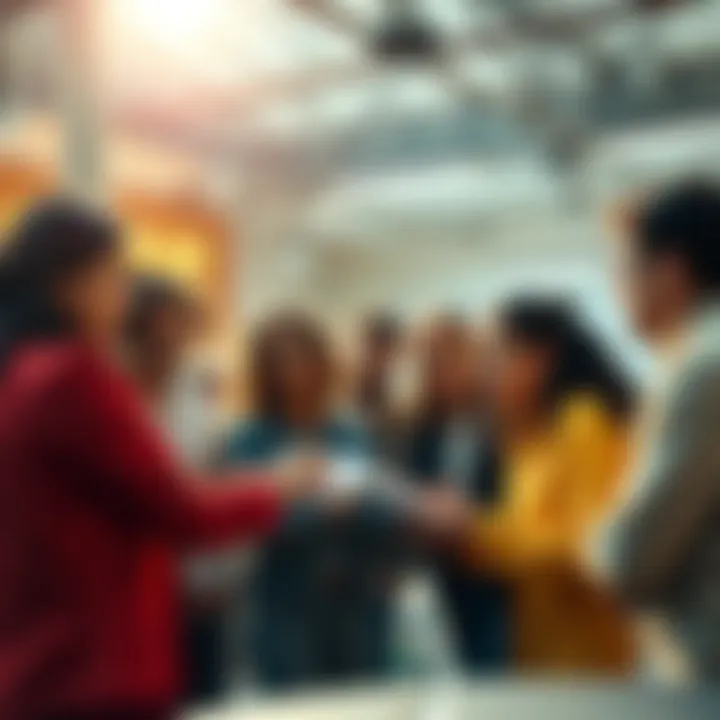 A group of people brainstorming solutions together in a bright, collaborative space