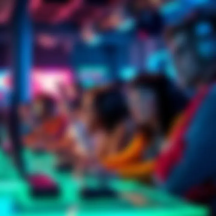 A diverse group of people engaging in various gaming styles at a modern gaming lounge