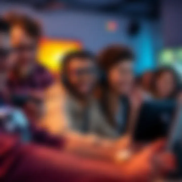 A group of diverse people engaging in an online multiplayer game, smiling and laughing while communicating through headsets.