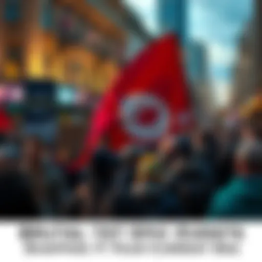 Crowd of people protesting in a city, holding banners and signs