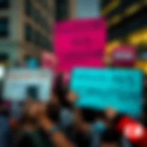 People protesting against corporate practices A group of people holding signs expressing frustration with corporate greed during a protest in a city.