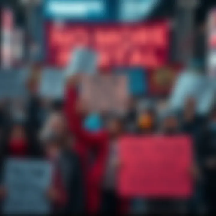 People protesting against online portals Group of people holding signs demanding the removal of online portals, showing diverse reactions and concerns over user experience