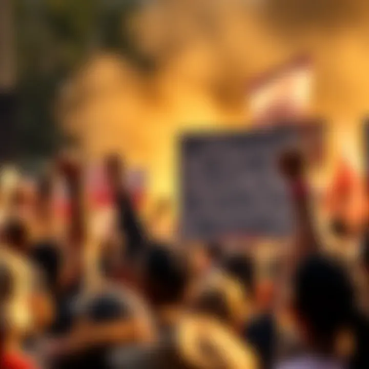 A diverse group of people holding signs and raising their fists in unity during a rally, showing solidarity against injustice.