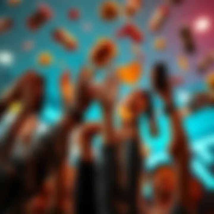 A group of diverse individuals stretching their hands towards various items representing their desires, such as food, technology, and experiences, symbolizing human cravings and pursuits.