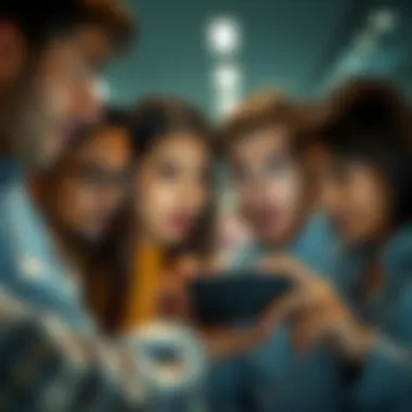 A group of people with surprised expressions, looking at a smartphone screen together, showing disbelief and confusion.