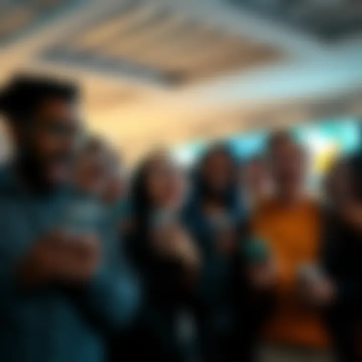 Group of people looking at their phones, expressing shock and laughter at a viral video