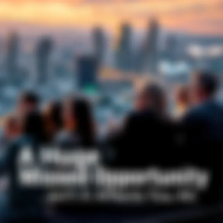 A group of people sitting together, looking thoughtful and discussing missed chances, with a backdrop of a cityscape.