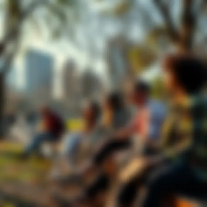 A group of diverse people sitting in a park, engaged in conversation while looking around at their surroundings, highlighting awareness and disconnect in today's society
