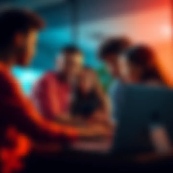 A group of diverse individuals interacting on a computer, sharing their experiences in an online forum for support and guidance.