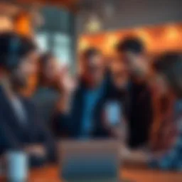 A group of individuals discussing the sale of online accounts, with one person showing a phone with account details, in a casual setting