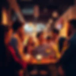 A group of people discussing important insights in a lively setting.