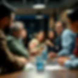 A diverse group of people engaged in thoughtful discussion around a table, sharing different viewpoints