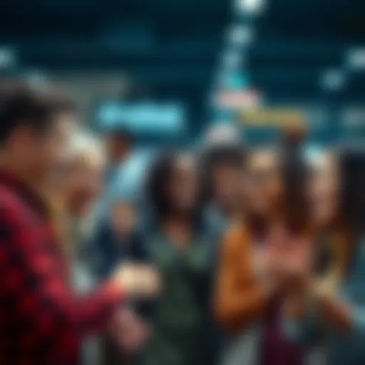 A group of diverse people smiling and helping each other in a friendly setting, showcasing acts of kindness and politeness in everyday life.