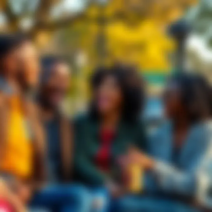 A diverse group of people laughing together in a park, enjoying a funny moment and connecting over humor.