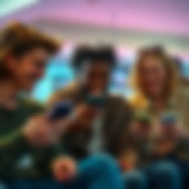 People Sharing Memes A group of friends laughing while looking at memes on their phones, showcasing humor as an escape from frustration.