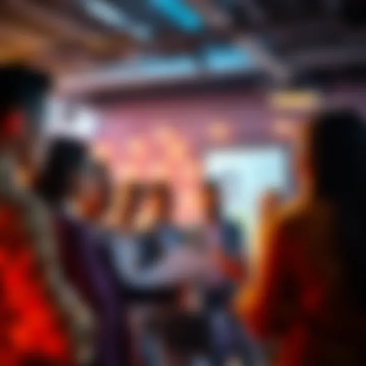 A diverse group of people engaged in a discussion, exchanging thoughts and ideas in a lively setting.