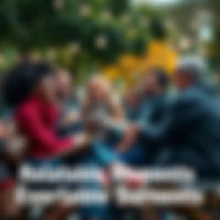 A diverse group of people laughing and sharing stories in a park, showcasing connection and shared experiences.