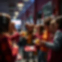 A group of people happily trading items for discount codes in a community setting