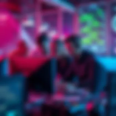 Group of people working together on computers addressing a duplication bug issue