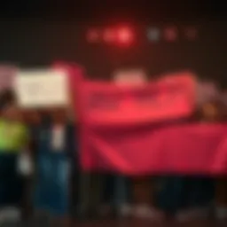 A diverse group of individuals standing together, holding banners that showcase their identities and values, symbolizing unity and collective action.
