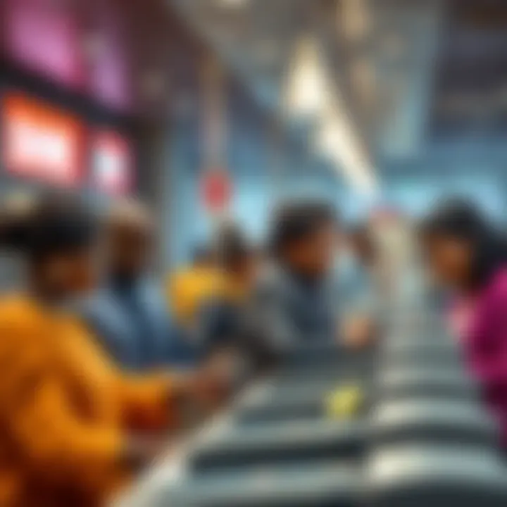 A group of people at a bank counter completing transactions, showing diverse individuals engaged in financial activities.