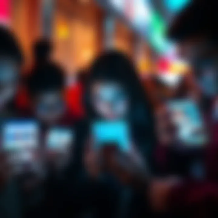 A group of people looking at their smartphones, revealing different social media posts and news on screens, illustrating transparency in society.