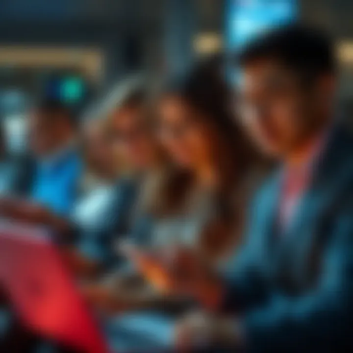 People using technology in everyday life A diverse group of people engaged with various tech devices; some are using laptops, others are on smartphones, illustrating tech integration in daily activities.