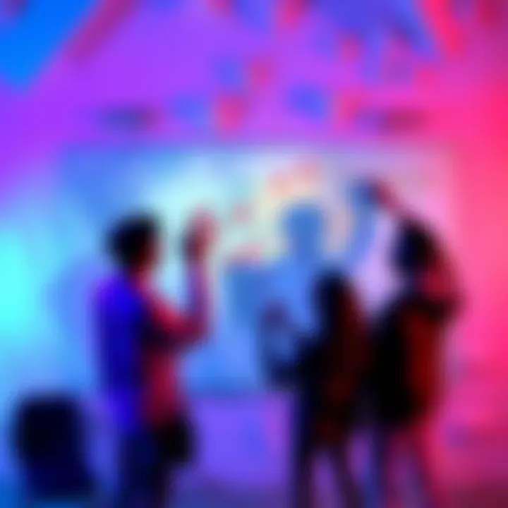 A group of people gathering around a large map, discussing and pointing to different areas while laughing and debating their choices during a voting session.