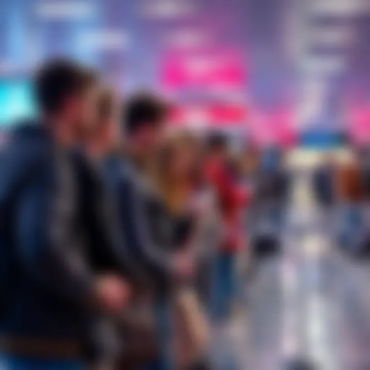 A group of people standing in a queue, looking at their phones while waiting patiently.