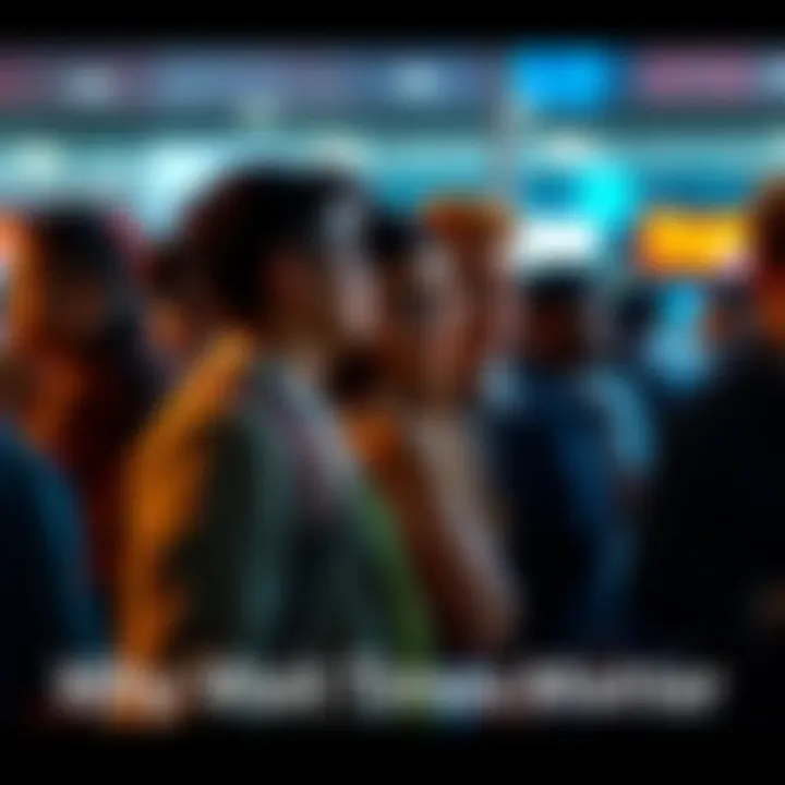 A group of people standing in a line, some looking impatient while others seem relaxed, reflecting on their choices during brief waiting times.