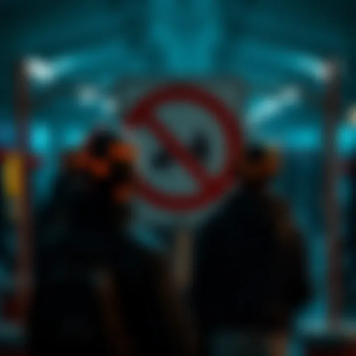 People with dots on their heads in a restricted area Individuals marked with dots on their heads ignoring a non-trespassing sign while gathering in a restricted zone